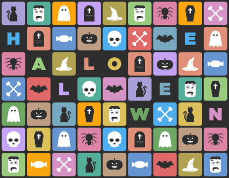 Colorful rounded tiles with Halloween icons and scattered letters