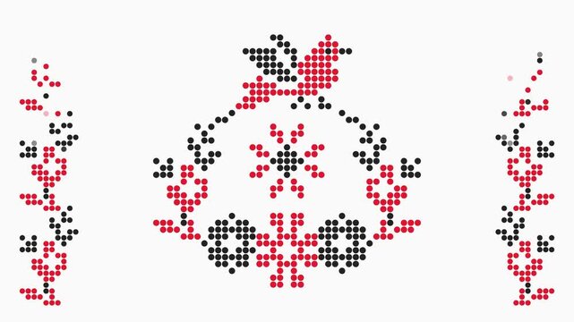 Traditional Ukrainian red and black beaded ornament with bird and floral elements, appearance animation on white background, folk embroidery motif