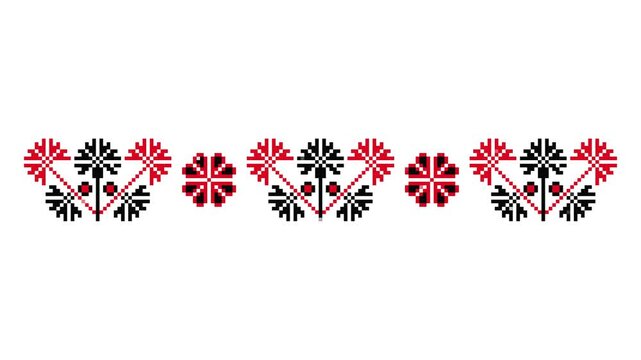 Traditional Ukrainian Dnipro region embroidery red and black pixel floral botany border with reveal animation on white background