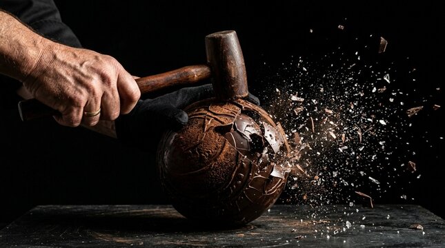 Chef breaks chocolate soccer ball with hammer, dark background, food art