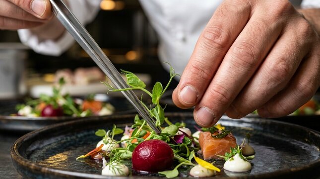 Chef Garnishing Gourmet Dish with Fresh Herbs and Beetroot