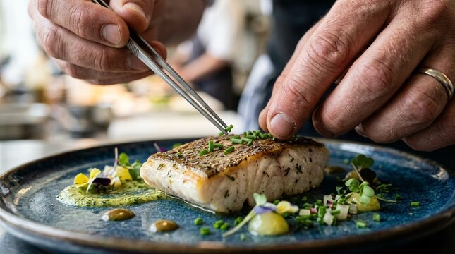 Chef garnishing gourmet fish dish with herbs on blue plate in restaurant kitchen