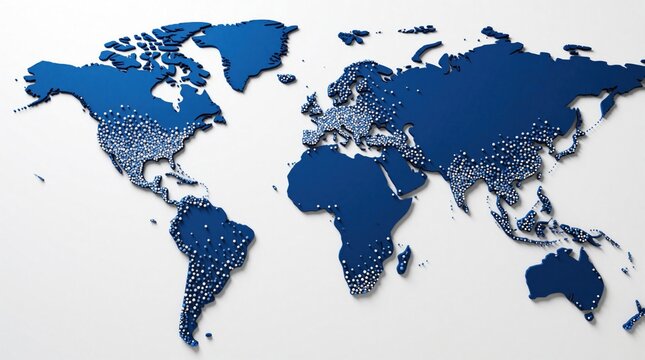 Blue world map silhouette with white dots showing global population density. Abstract infographic design represents demographics, urban clusters, human distribution across continents. Digital