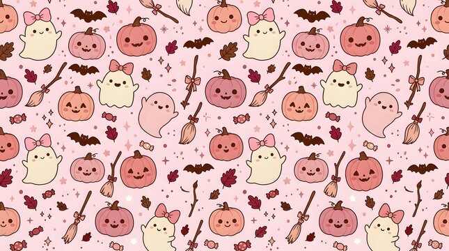 Halloween pattern featuring cute ghosts, smiling pumpkins, and magic brooms on a soft pink background.