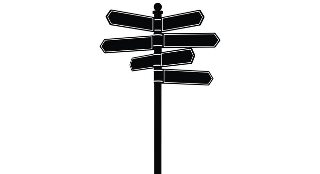 Multiple directional signpost with several arms is a black silhouette