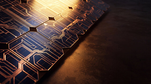 Solar panel close up with golden sunlight, renewable energy photovoltaic cell, futuristic circuit board pattern, sustainable power technology background