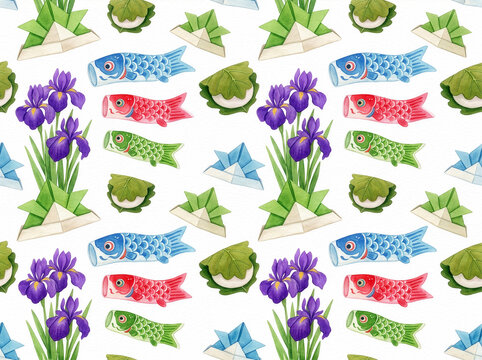 こいのぼり 018 Watercolor Seamless Pattern of Koinobori, Origami Kabuto, Kashiwamochi and Iris Flowers（鯉のぼり、折り紙の兜、柏餅、菖蒲が描かれた水彩風シームレスパターン）
