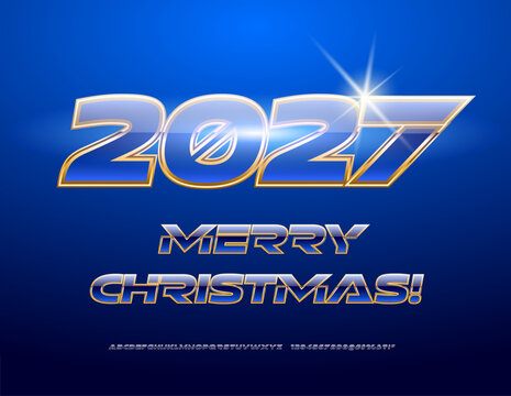 Vector futuristic Greeting Card Merry Christmas 2027! Luxury Blue and Gold Alphabet Letters and Numbers set. Modern Dynamic Font.