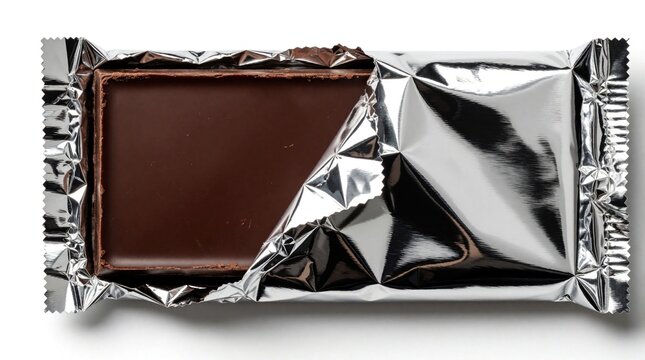 Dark chocolate bar in silver foil wrapper on white background. Shiny metallic packaging opened to reveal smooth cocoa dessert. Tasty sweet snack luxury confectionery treat for gourmet food lovers.