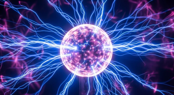 Luminous Plasma Sphere Emitting Vibrant Blue and Magenta Electric Arcs