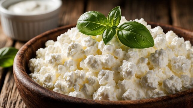 Fresh creamy cottage cheese in wooden bowl with green basil leaf on top. Healthy dairy snack served on rustic table. High protein breakfast meal for diet, wellness. White curd cheese with organic