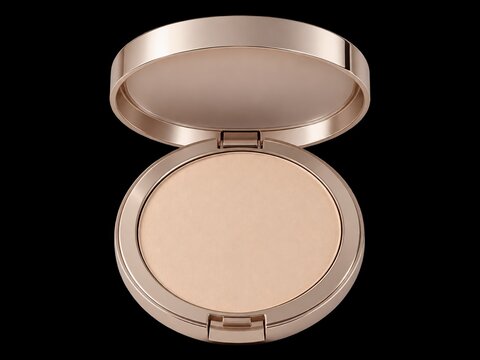 Elegant round compact mirror containing matte face pressed powder makeup foundation for daily skin tone enhancement and beauty