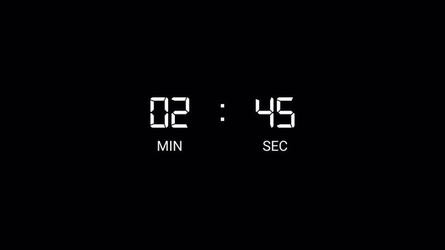 3 minute Minute Countdown Digital Timer Animation, three minute Countdown Timer Animation from 3 minute to 0 second on black background.
