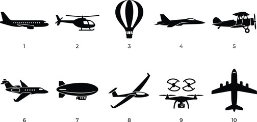 Aviation and Air Travel Vehicle Silhouette Set Featuring Airplanes, Helicopters, and Drones © Shrabon