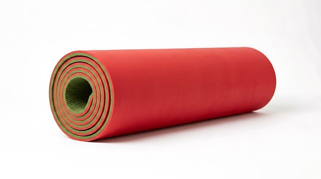 Red and green yoga mat rolled up for exercise isolated on white background