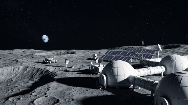 Modular lunar base habitat on the moon with Earth in the sky