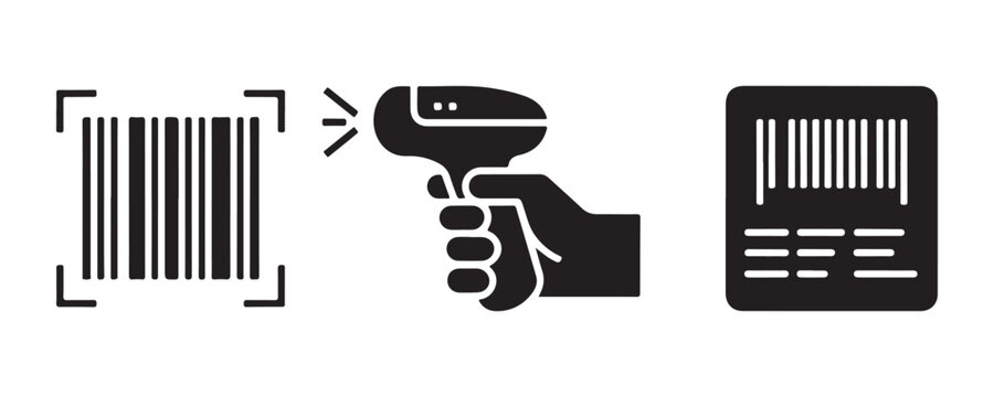 Barcode scanner icons set with laser reading device and document list for warehouse stock control.