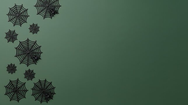 Black spider webs arranged on a dark green background for halloween design