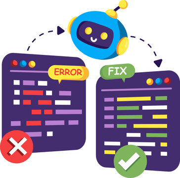 AI Automated Self-Healing Code Debugger. AI robot debugging software code panels, fixing error nodes, and applying automated patches.