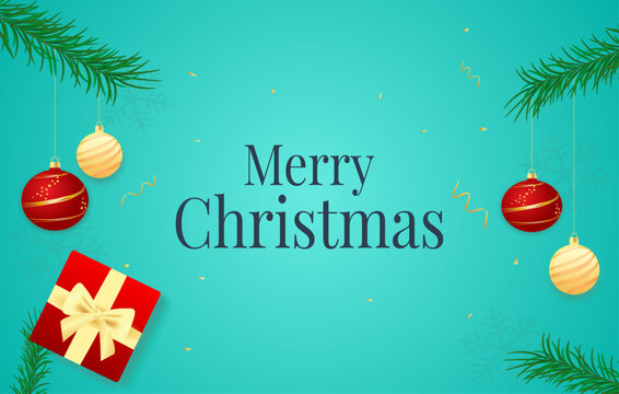 Turquoise Christmas background vector red baubles gift box and pine leaves