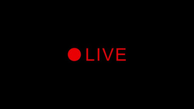Bold red live streaming text and recording indicator icon for broadcast sign, online video stream, media channel, live event animation