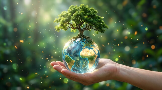 Human hands holding glass earth globe with growing green tree.