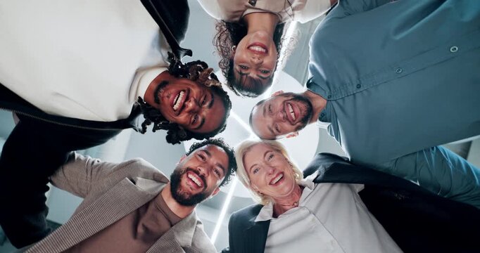 Circle, face and below of business people in office for support, solidarity and workforce. Corporate, portrait and workers huddle for collaboration, teamwork and connection for workplace synergy