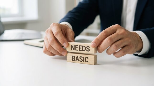 Hands building wooden blocks with the words needs basic written on them