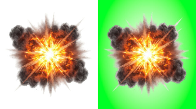 Large fiery explosion with bright orange flames and dark smoke on a clean white background