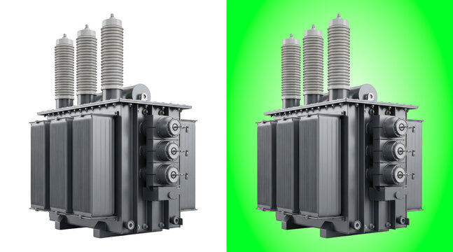 Large industrial electrical transformer with three ceramic insulators isolated on white