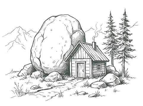 Monochrome hand-drawn sketch of a cozy wooden cabin nestled next to a massive boulder in a tranquil mountainous landscape