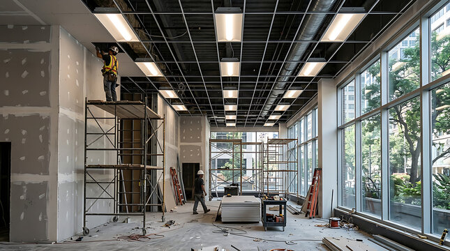 Construction workers installing drywall and ceiling fixtures in a modern commercial office space under renovation