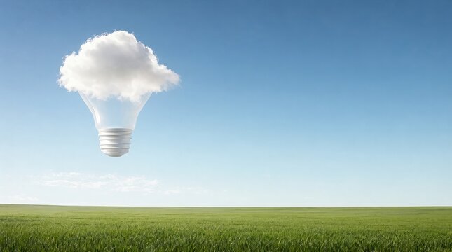 Conceptual Lightbulb Shaped Cloud Floating Above A Minimal Green Landscape For Business Innovation.