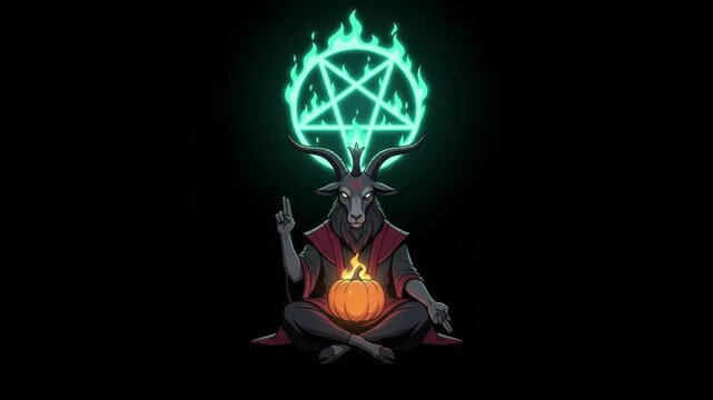 Sinister 4K Baphomet Goat Demon Meditating with Flaming Halloween Pumpkin and Glowing Pentagram