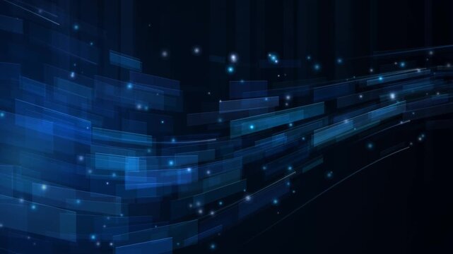 Seamless looping abstract technology background. Layers of translucent blue digital panels move with parallax along a curved perspective data highway,.