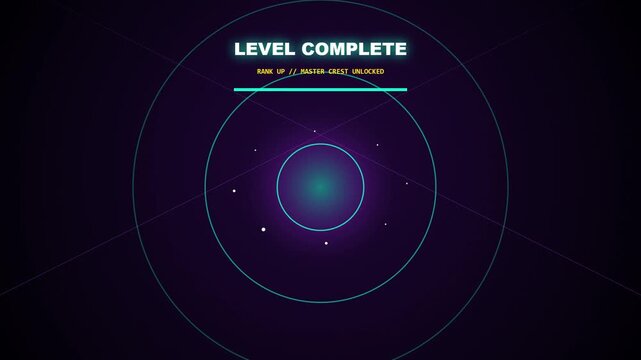 Futuristic Game Level Complete Motion Graphic with Glowing Crystal Synthesis