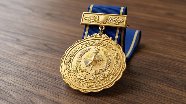 Shiny metallic golden quality medal ribbon badge with detailed embossing representing first place winner achievement premium guarantee certificate warranty superior excellence and success