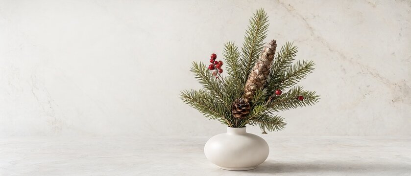 Minimalist Christmas Centerpiece with Evergreen Branches and Pine Cones in White Ceramic Vase