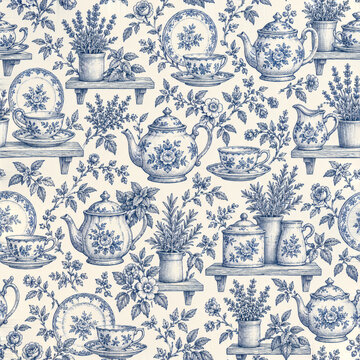 Seamless blue toile teapots and floral kitchen pattern