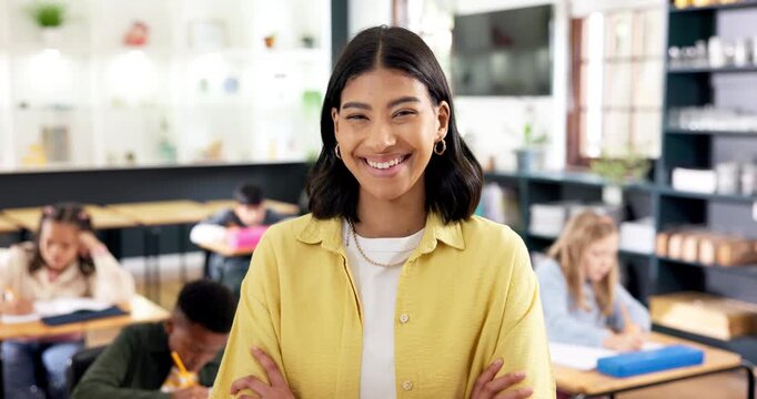 Happy woman, face and teacher with arms crossed for classroom management, learning support and pride. Laugh, students and middle school educator with lesson confidence, teaching role and professional