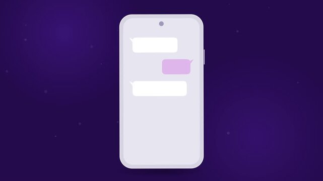 Full smartphone illustration with an animated chat conversation: message bubbles pop in from both sides, a typing indicator bounces, the chat scrolls.