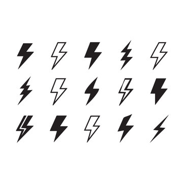 Dynamic lightning bolt vector icon set for energy, power, and electricity design projects