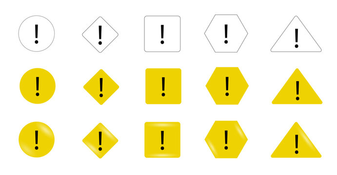 Warning symbols icon set featuring exclamation marks in shapes for safety and alert design use