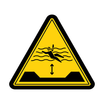Warning sign for slippery road showing water waves, downward arrow, and road surface for safety alerts
