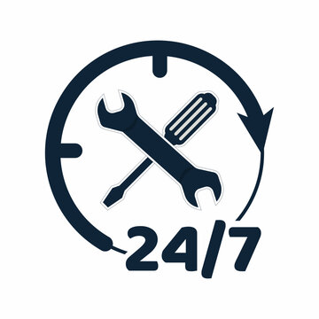 Reliable 24/7 emergency repair service vector icon set featuring crossed wrenches and clock for maintenance support availability