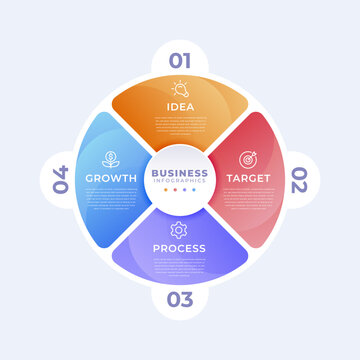 Business infographics featuring idea, target, process, and growth icons for corporate strategy presentations