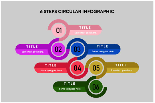 Circular infographic template showcasing six colorful steps with numbered nodes, text placeholders, and vibrant connectors for process flowcharts or business presentations