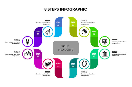 Process infographic vector with steps icons, target, trophy, and building for business presentation slides