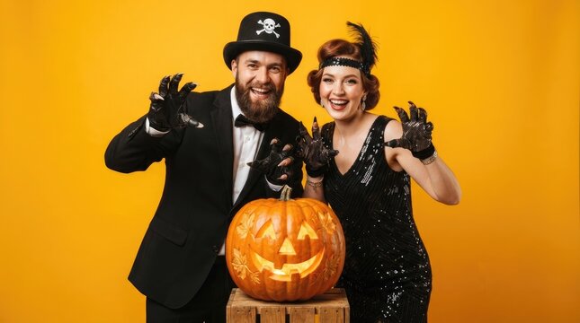 A man and a woman pose together for a Halloween photograph. The man wears a black suit, a top hat with a skull emblem, and black gloves.