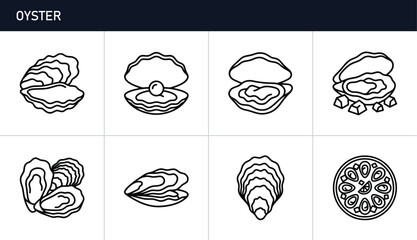 Oyster icons set with pearl and assorted shellfish, seafood and delicacy © MstMithila